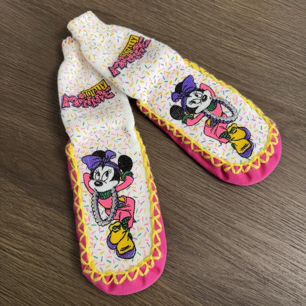 NEW Vintage Girl's Minnie Mouse Slipper‎ Socks Large 9 - 10 Neon 90s